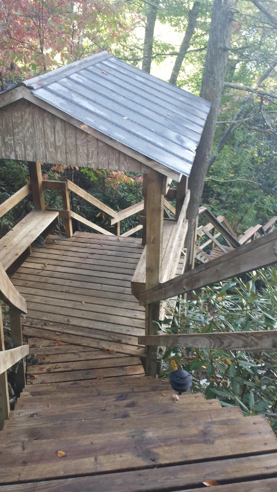 Metal roofed shelter over wooden steps on a wooded walkway — Skylight Repair & Installation work by our crew in Ace